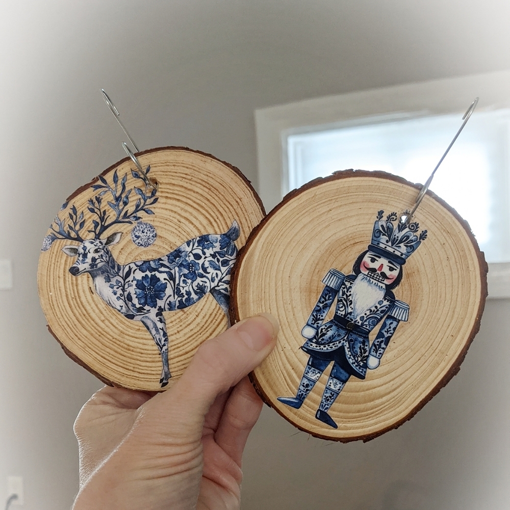 Blue Toile XL ornaments (1) - handmade wooden holiday decoration Christmas/Yule